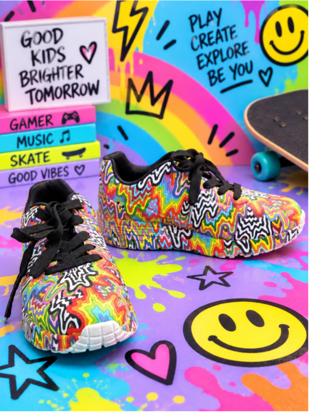 Skechers x Jen Stark UNO Lite Forever Drip Rainbow Kids Sneakers Size 3